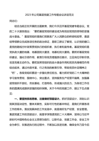 2023年公司基层党建工作会议讲话集团企业