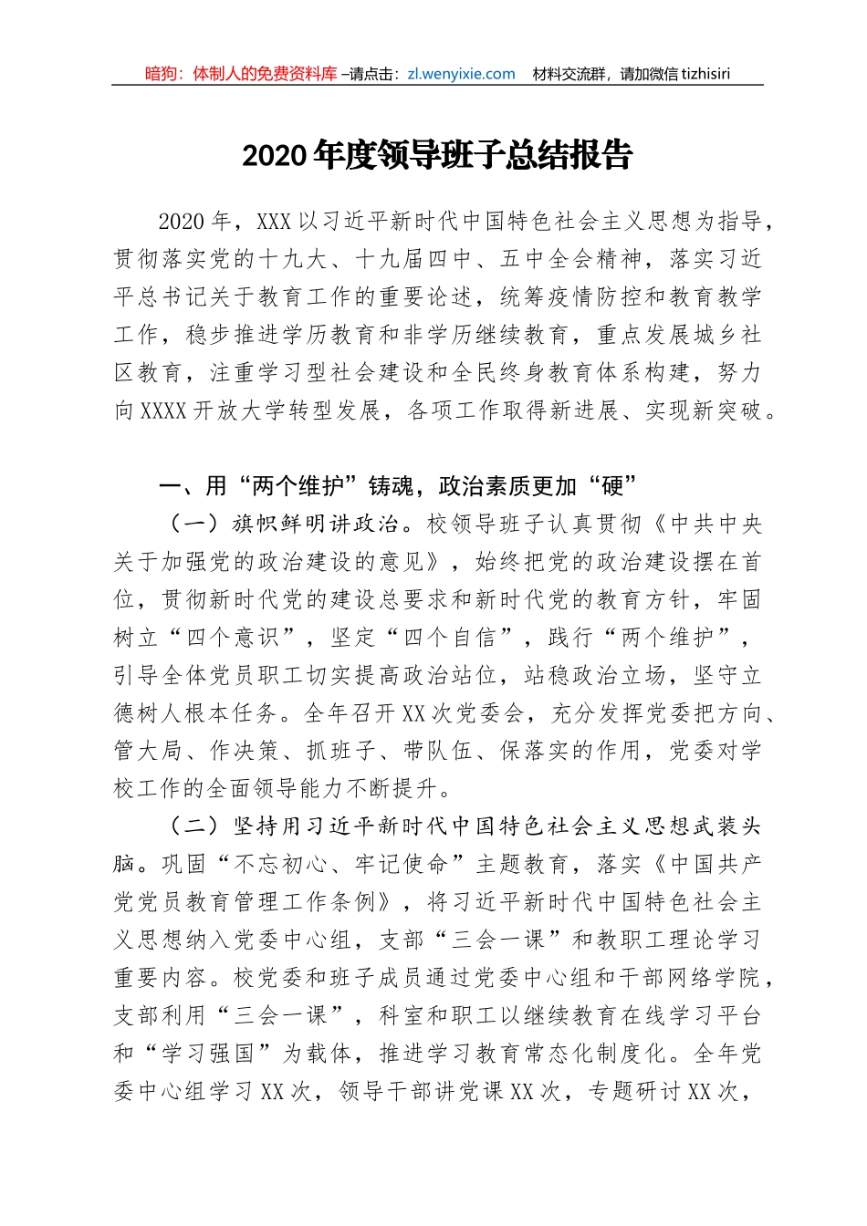 2020年度X领导班子工作总结报告_第1页