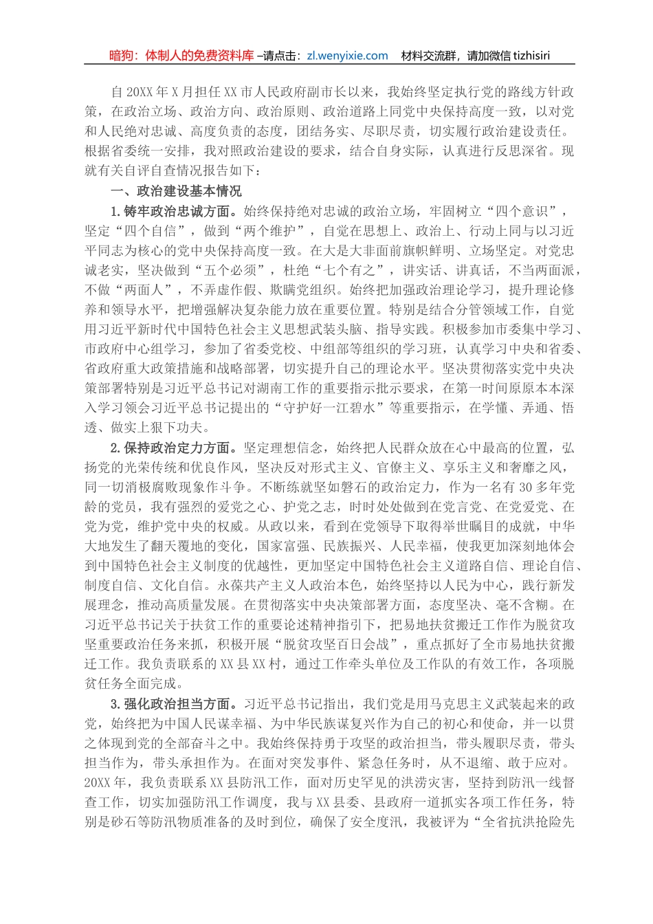 常务副市长个人政治建设自评自查材料_第1页