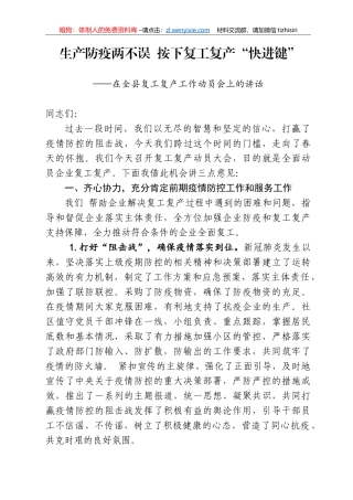 生产防疫两不误  按下复工复产快进键在全县复工复产工作动员会上的讲话