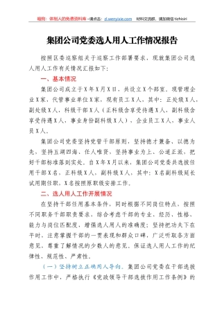 集团公司党委选人用人工作情况报告