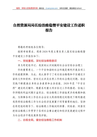 自然资源局局长综治维稳暨平安建设工作述职报告