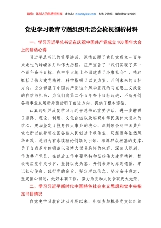 党史学习教育专题组织生活会检视剖析材料