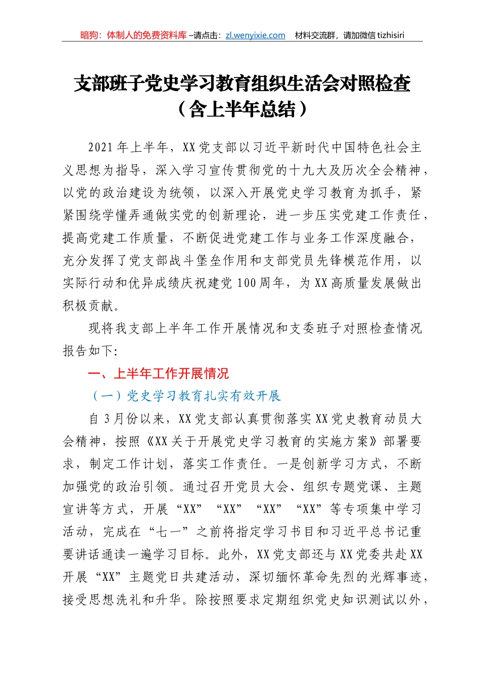 支部班子党史学习教育组织生活会对照检查（含上半年总结）_第1页