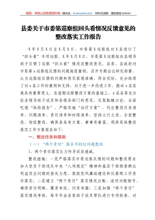 县委关于市委第巡察组回头看情况反馈意见的整改落实工作报告