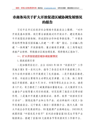 市商务局关于扩大开放促进区域协调发展情况的报告