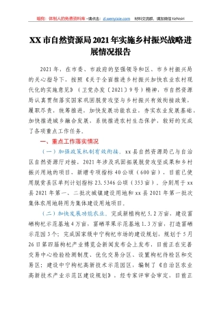XX市自然资源局2021年实施乡村振兴战略进展情况报告