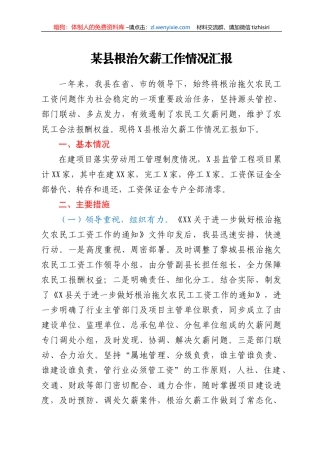 某县根治欠薪工作情况汇报