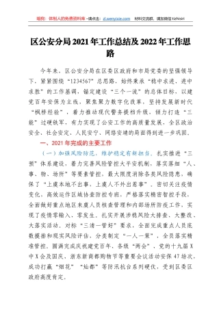 区公安分局2021年工作总结及2022年工作思路