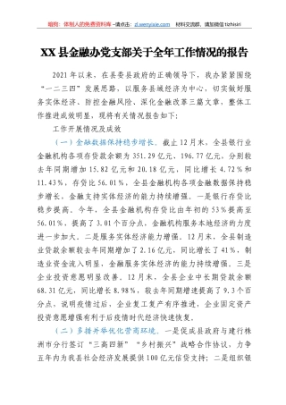 XX县金融办党支部关于全年工作情况的报告