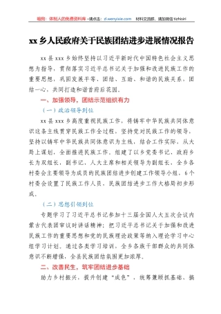 xxx乡人民政府关于民族团结进步进展情况报告