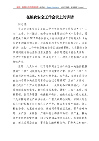 在粮食安全工作会议上的讲话