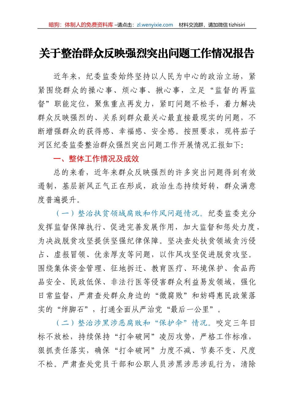 关于整治群众反映强烈突出问题工作情况报告_第1页