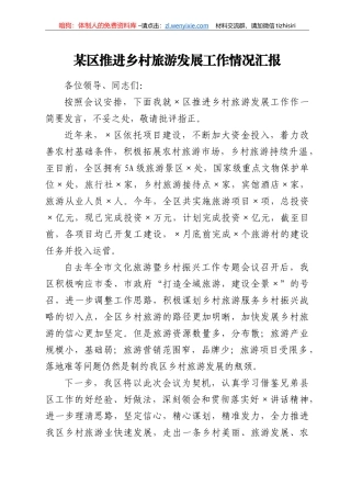 某区推进乡村旅游发展工作情况汇报