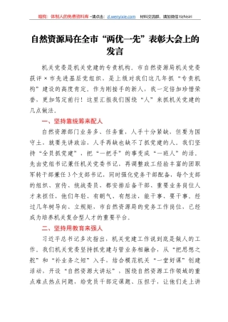自然资源局在全市“两优一先”表彰大会上的发言