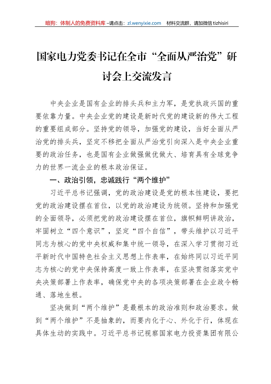 国家电力党委书记在全市“全面从严治党”研讨会上交流发言_第1页
