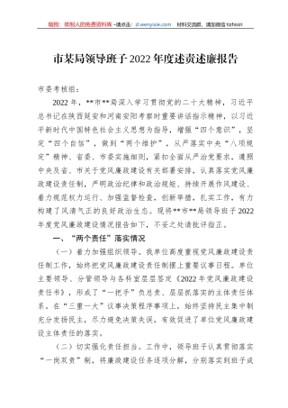 市某局领导班子2022年度述责述廉报告