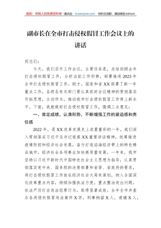 副市长在全市打击侵权假冒工作会议上的讲话