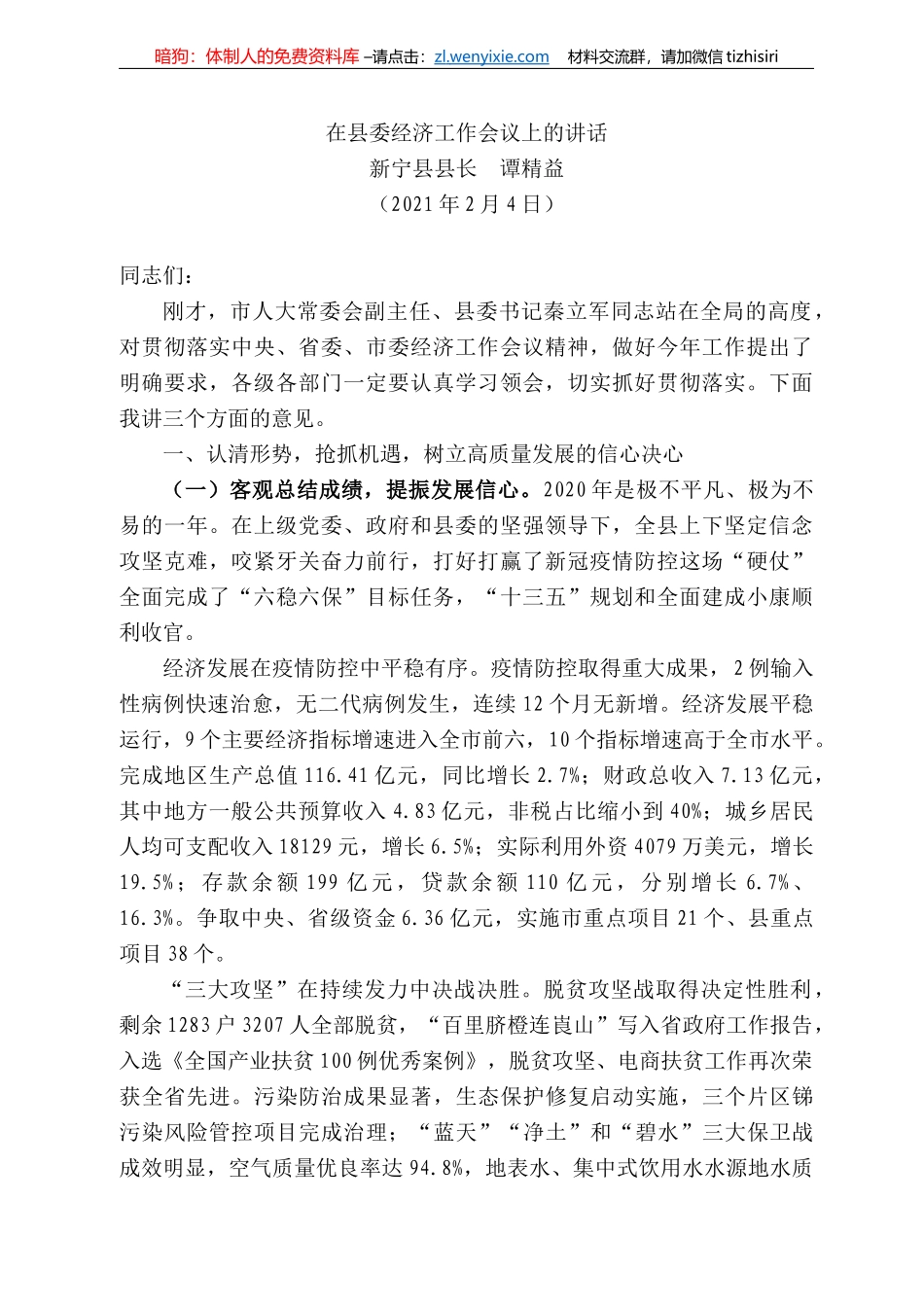 新宁县县长谭精益：在县委经济工作会议上的讲话_第1页