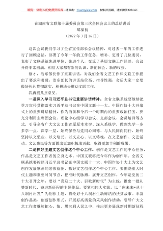 鄢福初：在湖南省文联第十届委员会第三次全体会议上的总结讲话