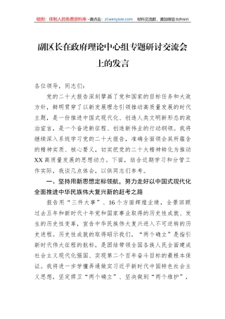 副区长在政府理论中心组专题研讨交流会上的发言