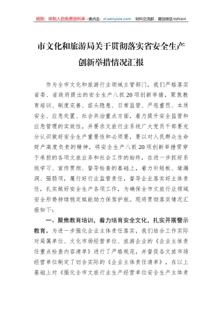 市文化和旅游局关于贯彻落实省安全生产创新举措情况汇报