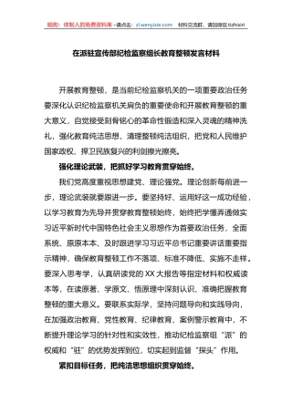 在派驻宣传部纪检监察组长教育整顿发言材料