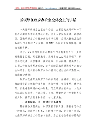 区领导在政府办公室全体会上的讲话