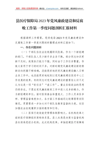 县医疗保障局2023年党风廉政建设和反腐败工作第一季度问题剖析汇报材料