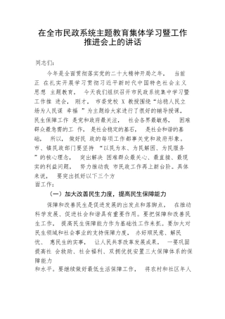 【主题教育】在全市民政系统主题教育集体学习暨工作推进会上的讲话