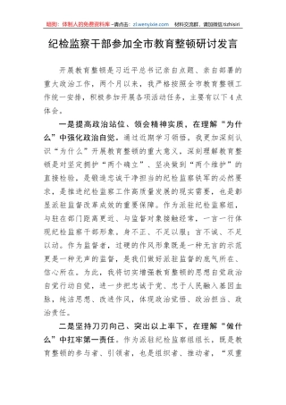 【JJ队伍教育整顿】纪检监察干部参加全市教育整顿研讨发言