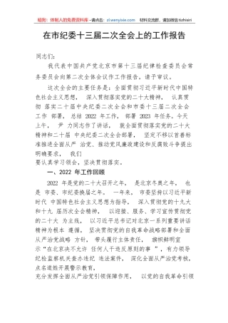 【纪检系统】在市纪委十三届二次全会上的工作报告
