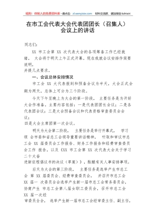 【讲话致辞】在市工会代表大会代表团团长（召集人）会议上的讲话