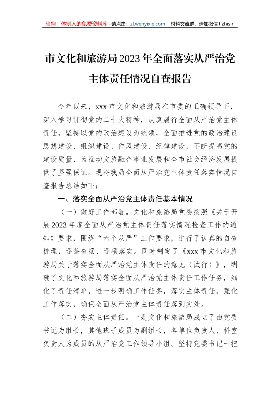 市文化和旅游局2023年全面落实从严治党主体责任情况自查报告_第1页