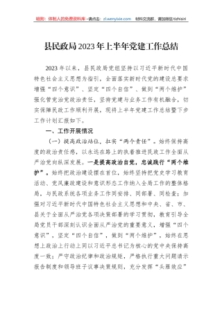 县民政局2023年上半年党建工作总结