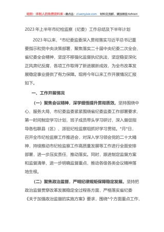 2023年上半年市纪检监察（纪委）工作总结及下半年计划