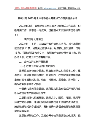 县统计局2023年上半年政务公开重点工作落实情况总结