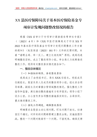 XX县医疗保障局关于基本医疗保险基金专项审计发现问题整改情况的报告