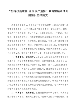 “坚持政治建警 全面从严治警”教育整顿活动开展情况总结范文