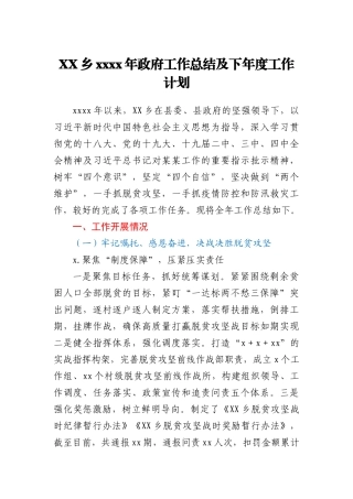 XX乡2020年政府工作总结及下年度工作计划