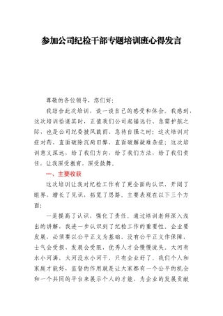 参加公司纪检干部专题培训班心得发言
