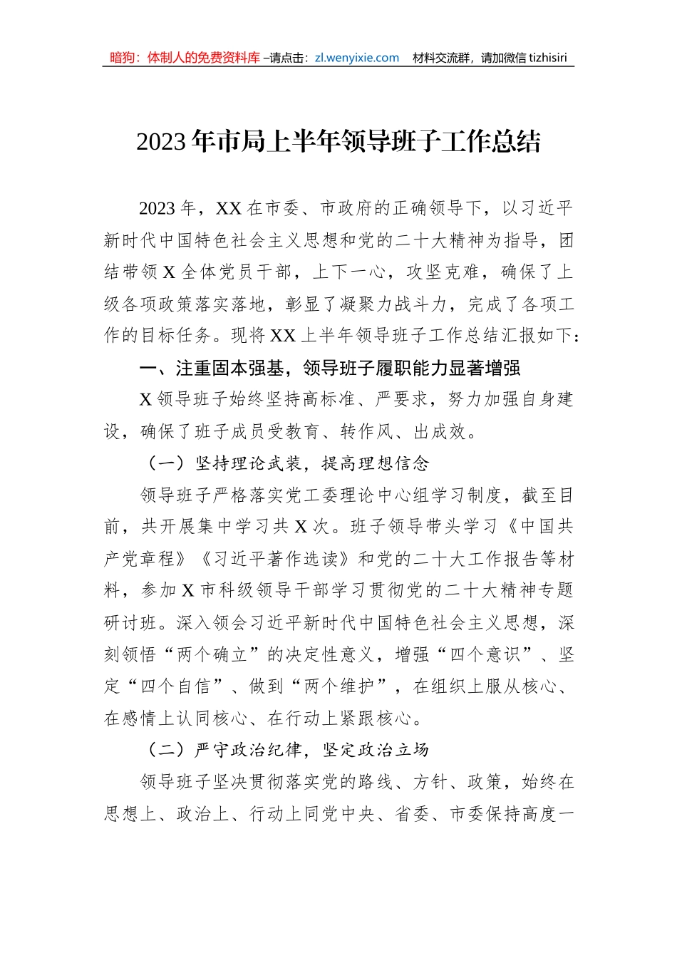 2023年市局上半年领导班子工作总结_第1页