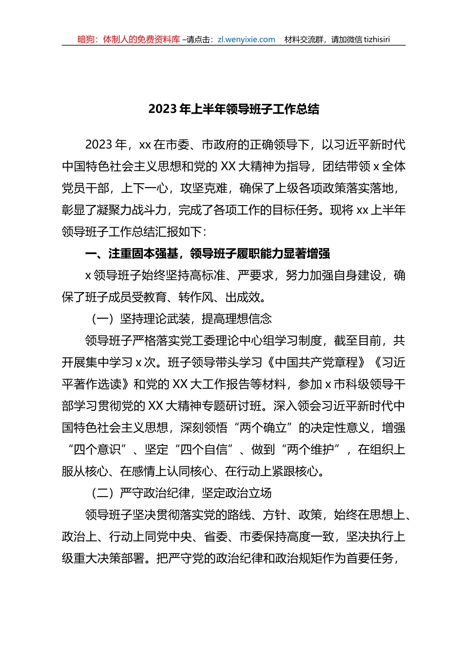 2023年上半年领导班子工作总结_第1页