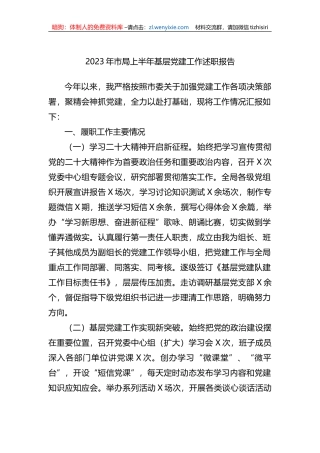 2023年市局上半年基层党建工作述职报告