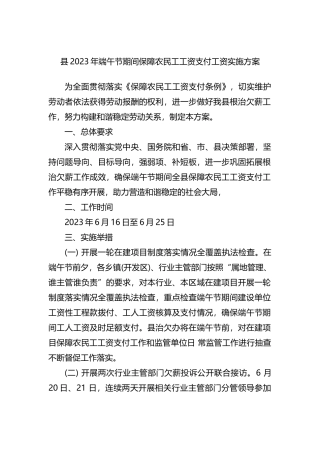 县2023年端午节期间保障农民工工资支付工资实施方案