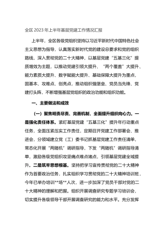 全区2023年上半年基层党建工作情况汇报（总结）