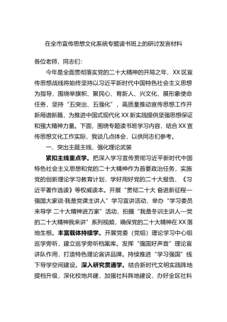 在全市宣传思想文化系统专题读书班上的研讨发言材料