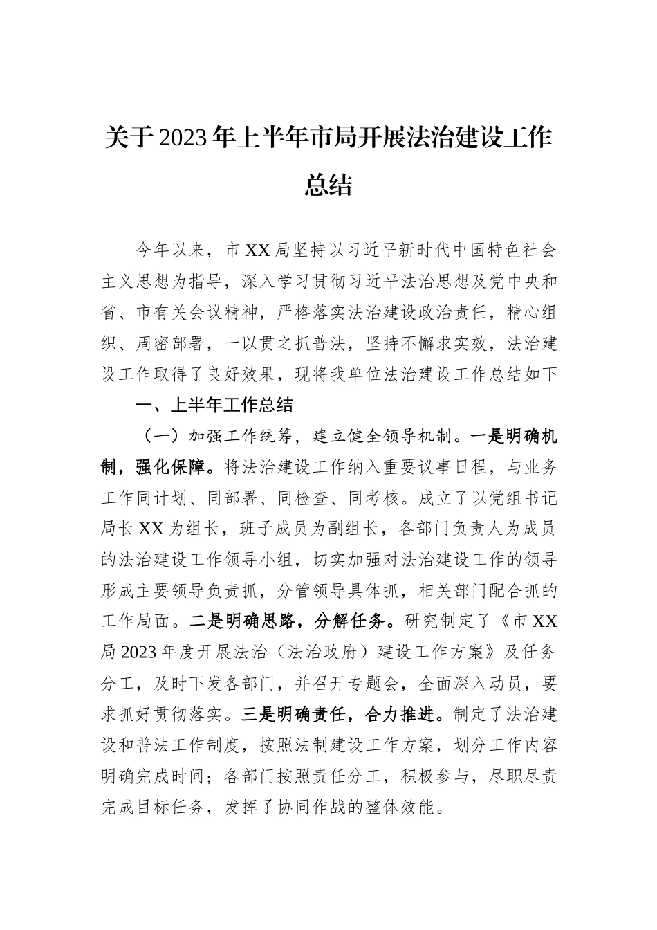关于2023年上半年市局开展法治建设工作总结_第1页