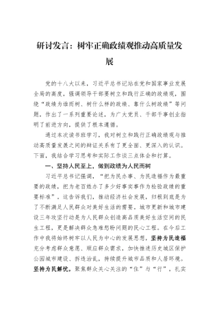 研讨发言：树牢正确政绩观推动高质量发展