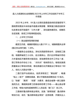 县人力资源和社会保障局2023年上半年工作总结和下半年工作思路（计划）